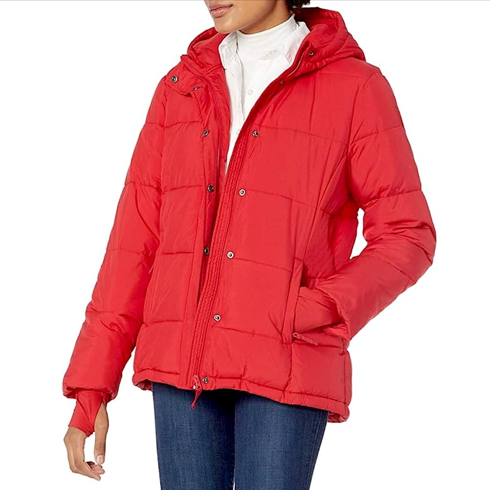 Amazon Essentials Red Hooded Fleece Lined Puffer Jacket in Poppy Red - NWOT